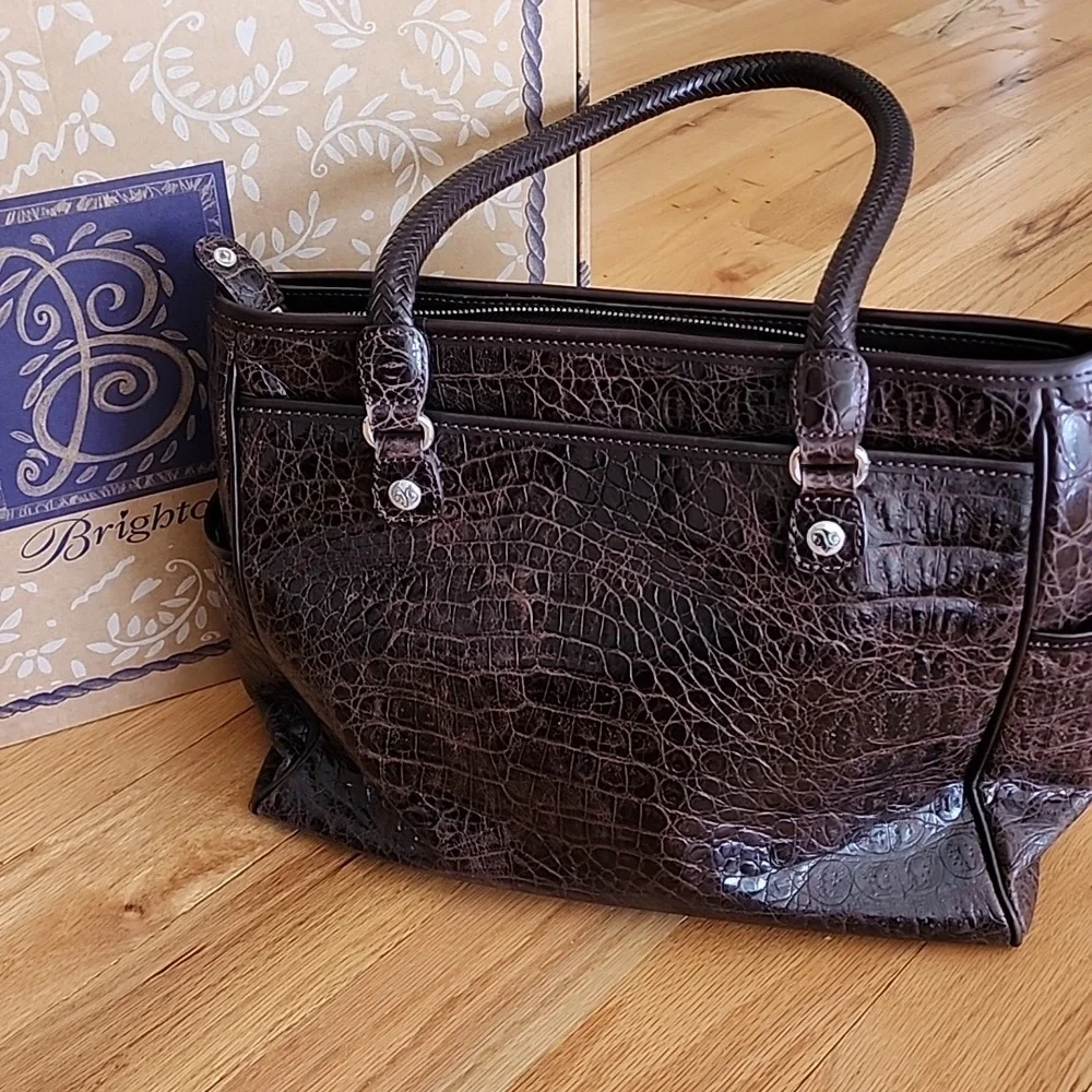 Brighton Dark Brown Croc-Embossed 16x11 Satchel